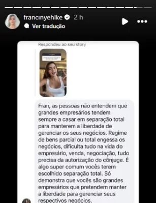 Franciny Ehlke detalha escolha por separação total de bens em casamento com bilionário Tony Maleh - Imagem do artigo