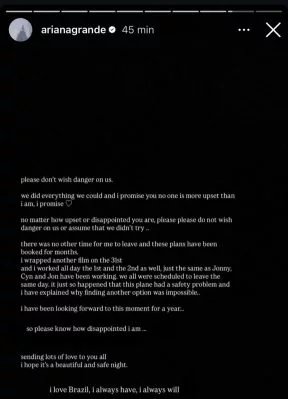 Ariana Grande justifica cancelamento de viagem ao Brasil e aponta falha de segurança em voo - Imagem do artigo